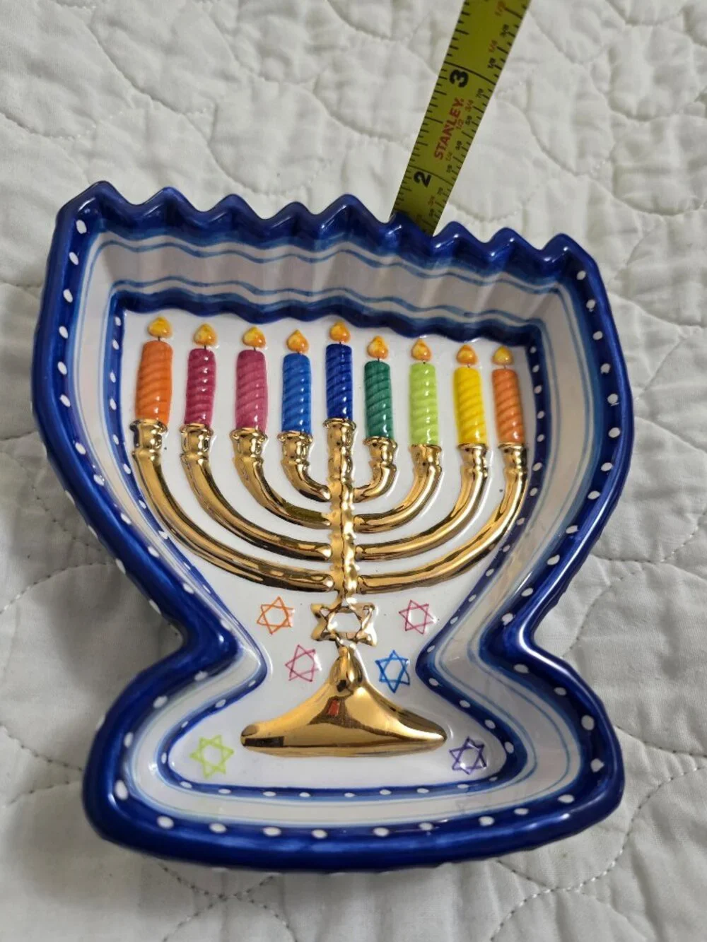 Menorah Shaped Candy Bowl Susan Fischer Weis Design Rainbow Design Ceramic Dish.